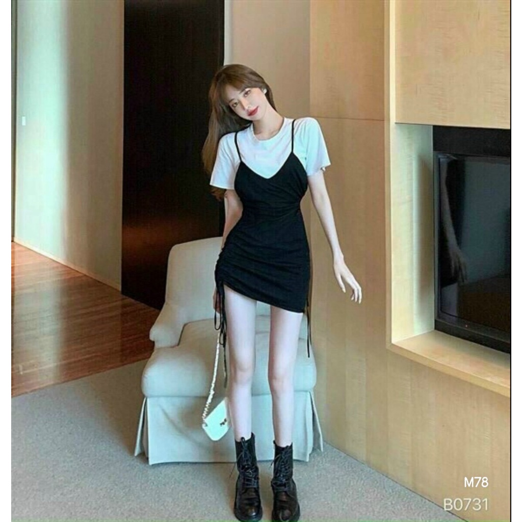 Set đồ nữ cá tính đi chơi, set yếm 2 món thiêt kế thun rút bên eo kèm áo thun porip form rộng dễ thương