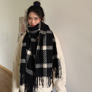 Khăn len quàng cổ khổ to 205x65cm, khăn choàng cổ nữ nam họa tiết kẻ sọc đen trắng, vilori khăn thời trang