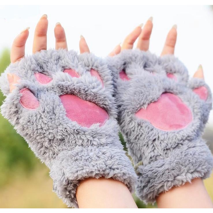 Cat Claw Glove Phụ nữ mùa thu/mùa đông Hàn Quốc phiên bản dễ thương cô gái ngón tay dày gấu Claw lông cừu nửa ngón tay găng tay