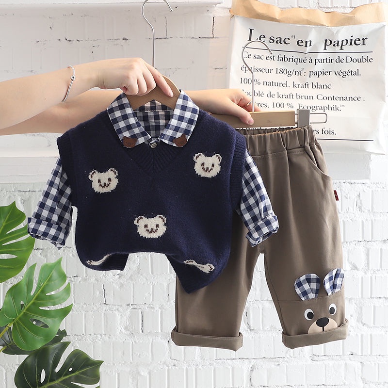 Bộ Áo Sơ Mi Dài Tay + Áo Khoác Ghi Lê Dệt Kim Thời Trang Xuân Thu Cho Bé Trai