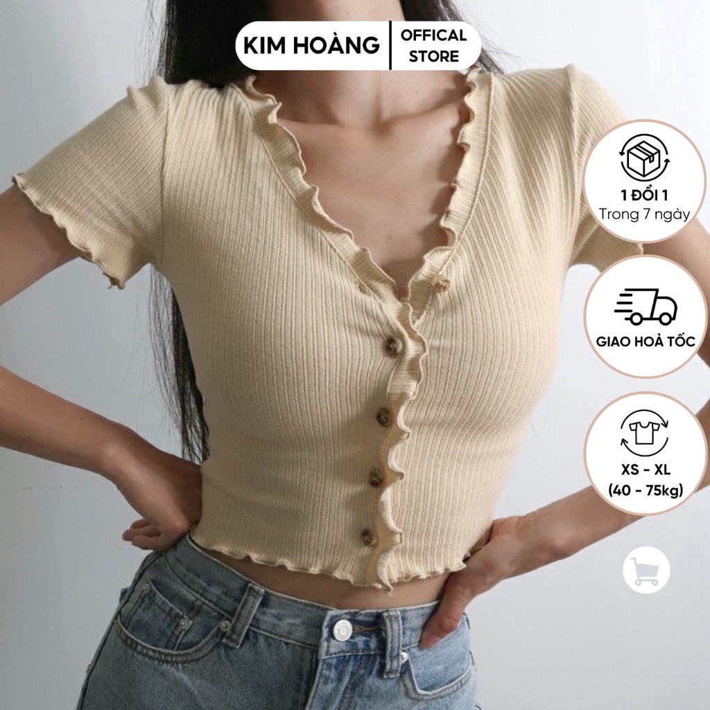 Áo len tăm cổ V kiểu viền bèo nhún Kim Hoàng Clothing hot hit