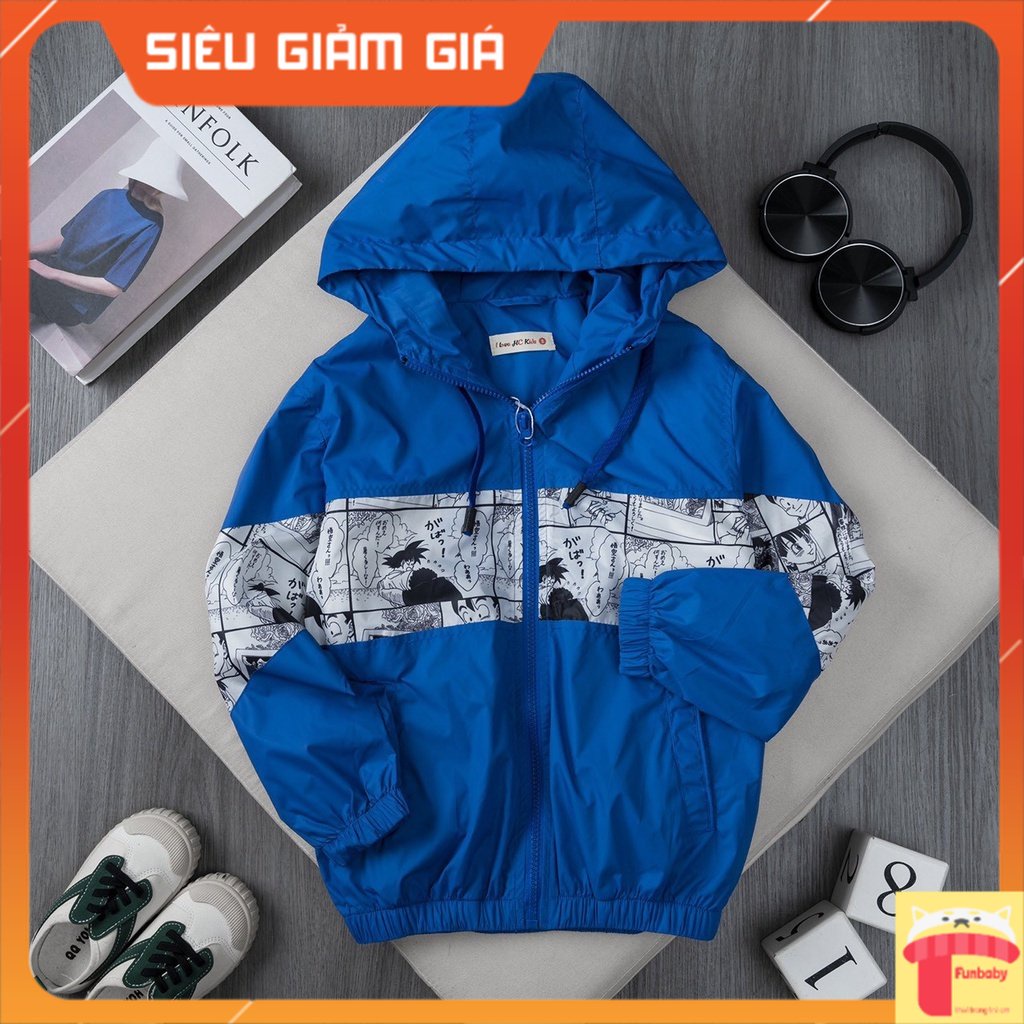 Áo gió 2 lớp cho bé 5-14 tuổi in hình Songoku, Áo khoác gió bé trai bên trong lót cotton vải mền kiểu dáng thời trang