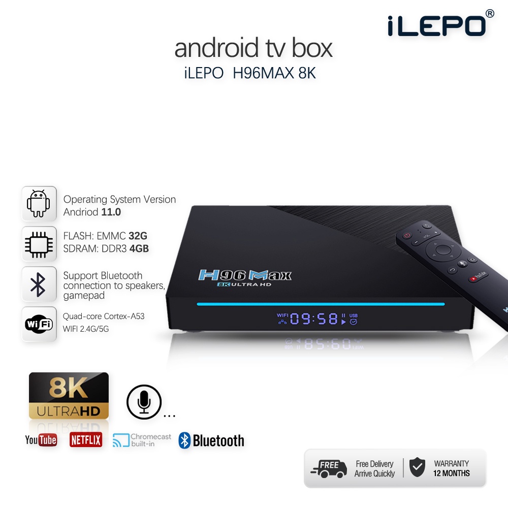 Tivi Box Ram 4GB Rom 32GB Wifi kép Bluetooth 5.0 android 11.0 chip xử lý RK3566 video 4K remote giọng nói H96MAX 8K