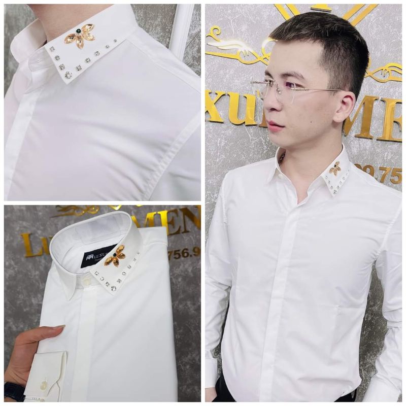 SƠ MI NAM CỔ THÊU ĐÁ THỦ CÔNG