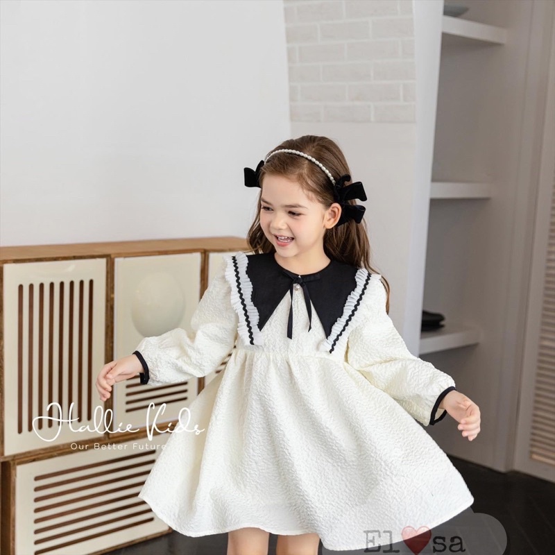 Váy trắng công chúa cổ dập ly phối đen cho bé gái Bách Nhật shop