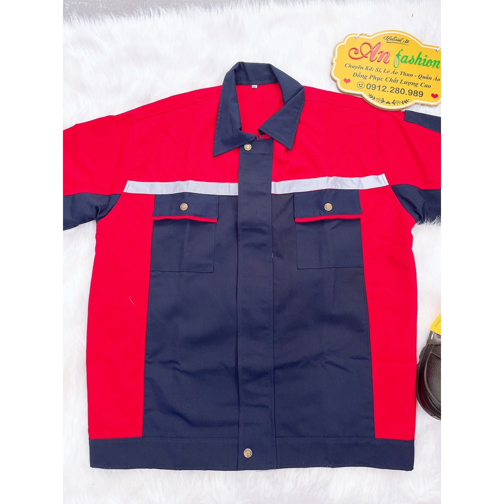 Đồ bảo hộ lao động, Quần áo công trình vải kaki may đẹp màu xanh đen phối đỏ tay ngắn _ Hình chụp thật