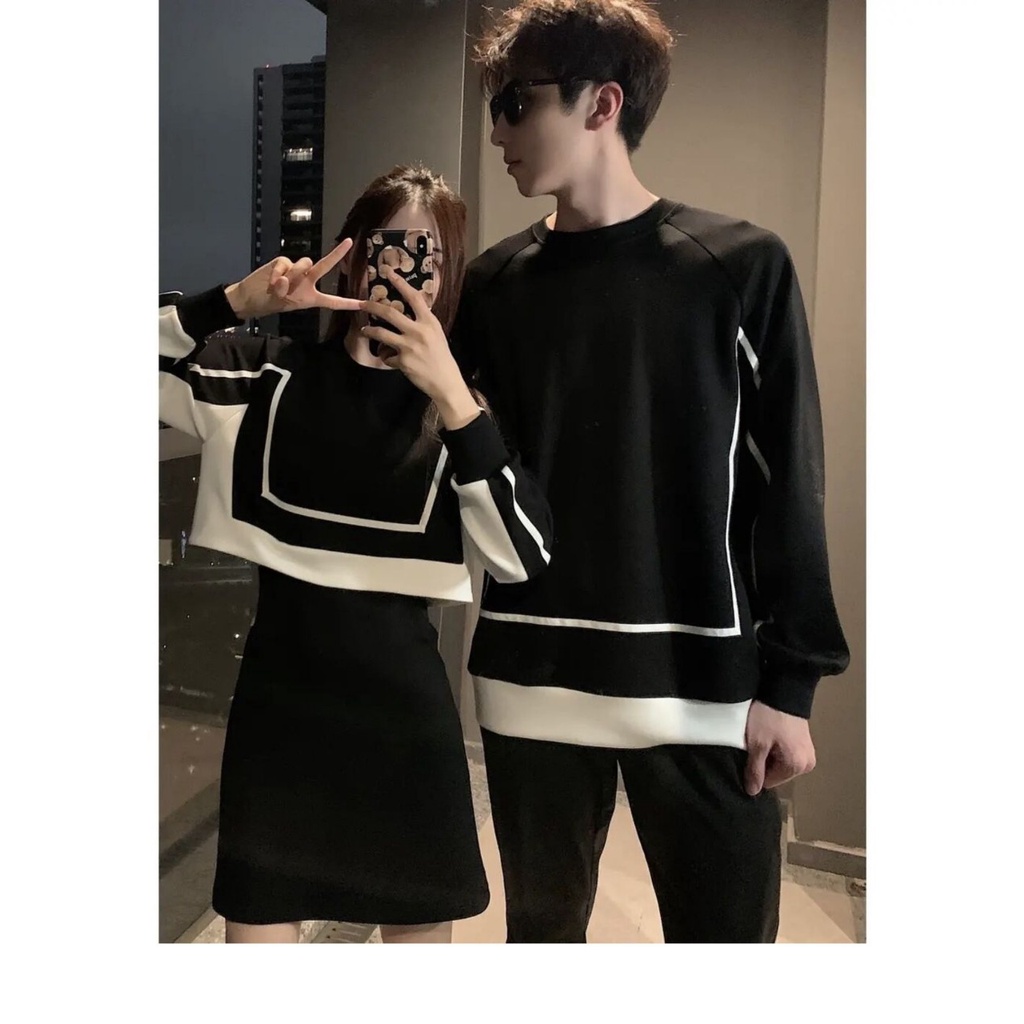 SET ĐỒ ĐÔI TÌNH NHÂN, COUPLE VÁY ĐẦM NỮ VÀ ÁO NỈ NAM DÀI TAY PHỐI MÀU ĐEN TRẮNG CÁ TÍNH MẪU MỚI 2022