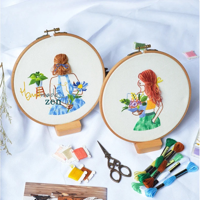 Bộ Kit Dụng Cụ Thêu Tay Thủ Công Cô Gái Bé Embroidery cho người mới Tập Thêu - đủ kim chỉ , vải In Nét - ZEN HANDAMDE
