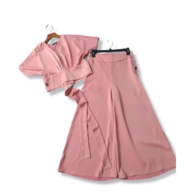 Set bộ dài nữ quần ống rộng áo croptop phối nơ