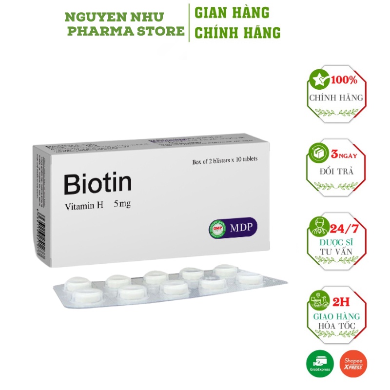 Biotin viên uống bổ sung biotin và vitamin B5 giúp đẹp da, da mịn màng, tóc dày bóng, móng chắc khỏe (20 viên)