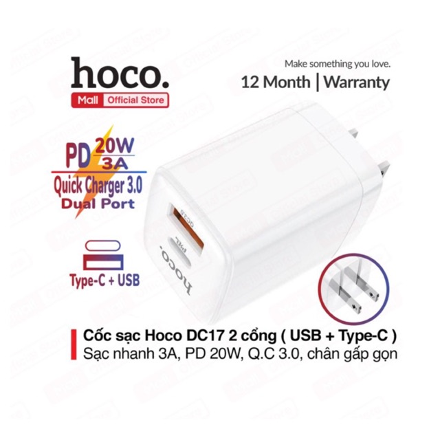 Củ sạc nhanh Hoco DC17 2 cổng kép ( Type-C + USB ) hỗ trợ PD 20W, sạc nhanh 3A, Quick Charger 3.0, chân cắm gấp gọn