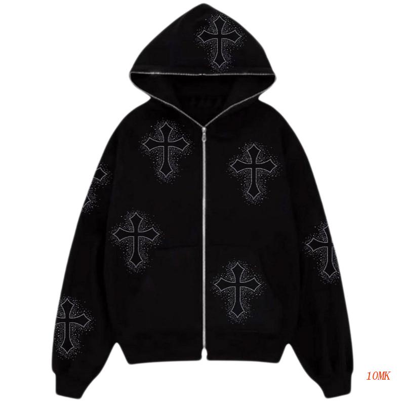 Áo Hoodie Dây Kéo Đính Đá 10MK Phong Cách Hip Hop Punk Gothic