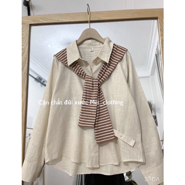 Áo Sơmi Dài Tay Kèm Khoác Choàng Kẻ Sọc, Sơ Mi Đũi Mát Mẻ