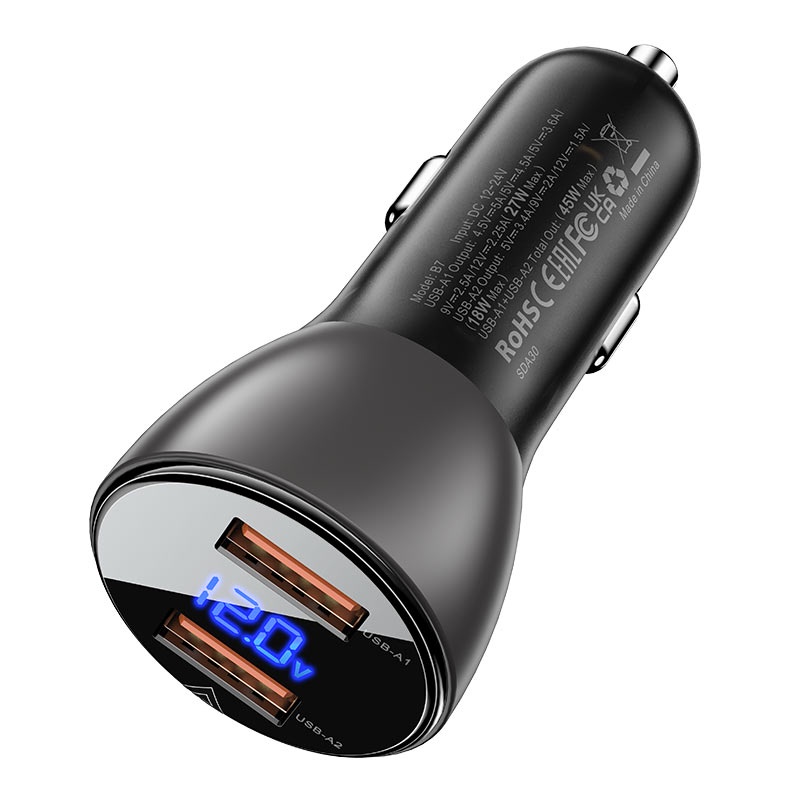 Tẩu sạc ô tô ACEFAST B7 công suất 45W 2 Cổng USB-A tích hợp màn hình LED hiển thị điện áp đầu vào - Hàng chính hãng