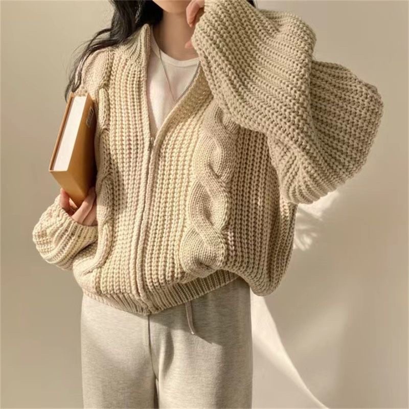 Áo Len Khoác Ngoài Nữ Màu Be Ghi Khoá Dây Kéo Zip Cổ Trụ Dài Tay Vặn Thừng Chất Loại 1 Phong Cách Hàn Quốc