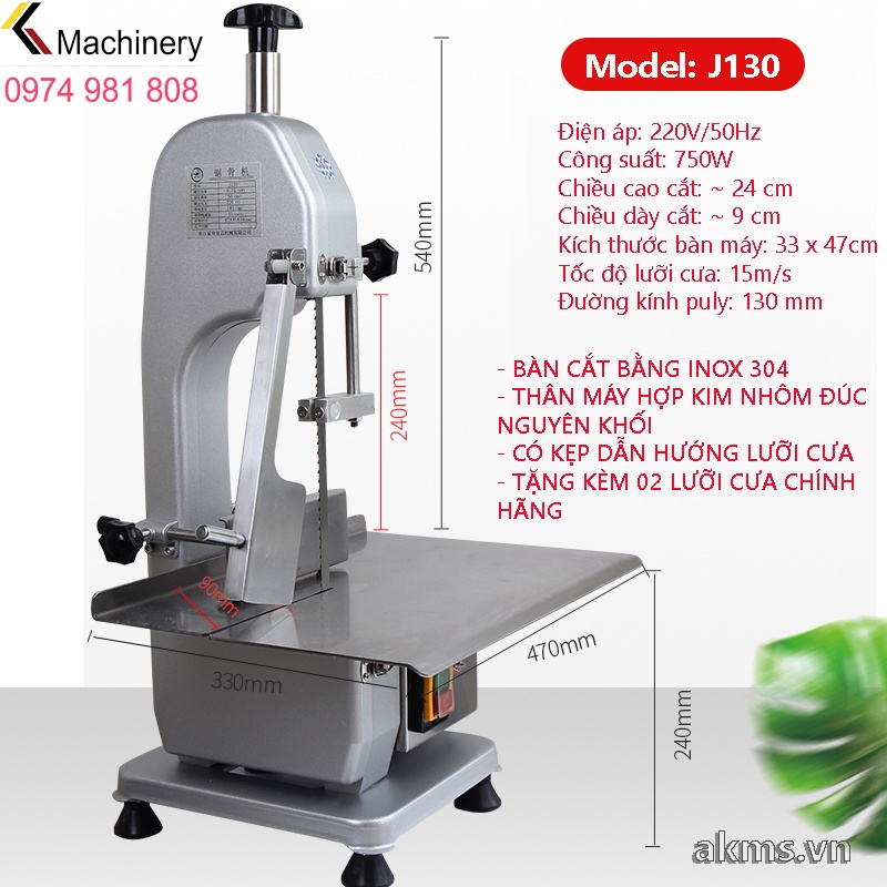 Máy cưa xương heo, bò, thịt cá đông lạnh J130, công suất 750W, thân máy hợp kim nhôm đúc liền khối, bàn cắt inox 304