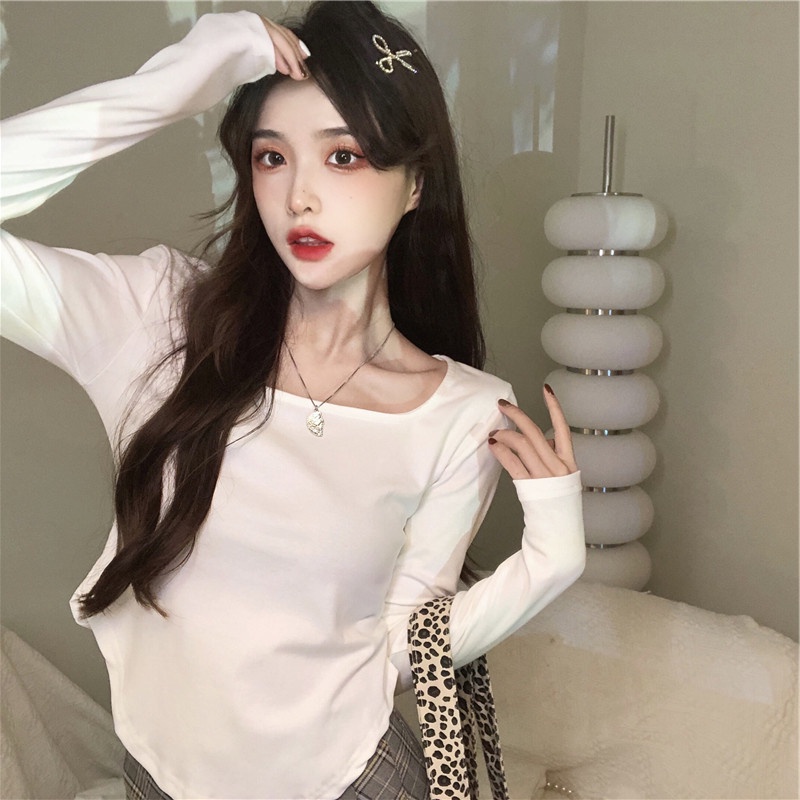 NRVP Áo thun nữ dài tay dáng rộng màu trơn thời trang Hàn Quốc