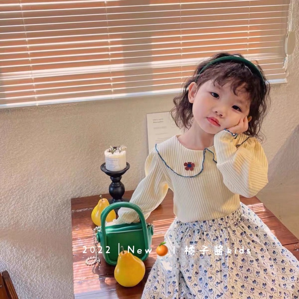 [Babycat] Hàng Có Sẵn Áo Thun Tay Dài Cổ Búp Bê Họa Tiết Hoa Màu Trơn Phong Cách Hàn Quốc Nhật Bản Hàn Quốc Cho Bé Gái