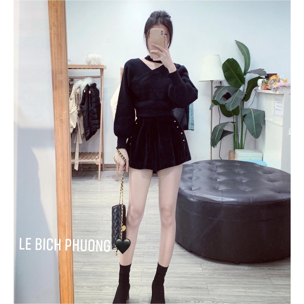 Áo len cổ choker hở vai hàng quảng châu siêu đẹp - Áo len tay bồng nữ