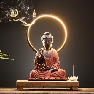 Bộ tượng phật a di đà gốm tử sa kèm đèn led - tự thanh quán