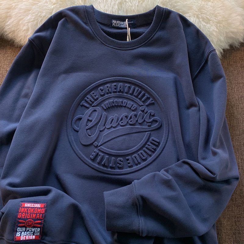 Áo Nỉ Tay Dài Cổ Tròn Họa Tiết Dập Nổi Phong Cách Mỹ Thời Trang Xuân Thu Mới 2022 Dành Cho Nam Nữ