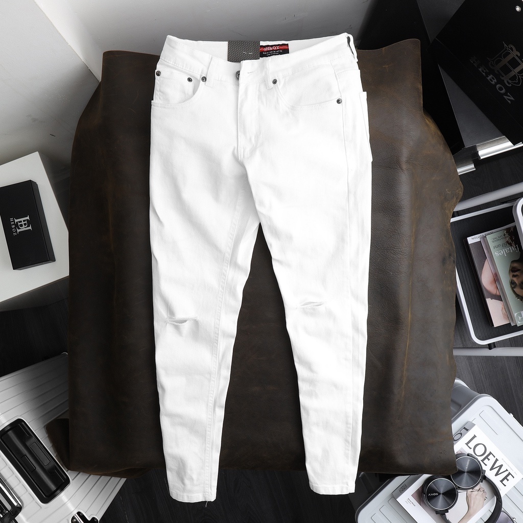 Quần jeans dài nam màu trắng, chất vải denim cao cấp rách gối form skinny Heboz - 00001277
