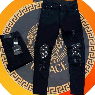 Quần jean nam dài đen, rách gối, in thêu logo họa tiết đẹp, chất bò co giãn, ống ôm, mẫu mới, hot 2022 KAYSTORE