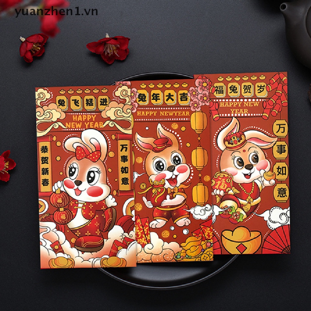 Set 6 Bao Lì Xì Đỏ Đóa Bao Lì Xì Năm Mới 2023 In Họa Tiết Thỏ May Mắn Phong Cách Trung Hoa