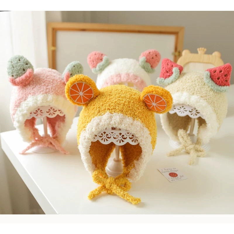 Mũ Len Cho Bé Hình Hoa Quả Có Dây Buộc 6-36 Tháng