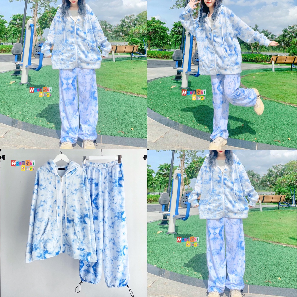Set Bộ Áo Hoodie Zip Tie Dye Loang Màu Phối Quần Jogger 3D Dây Rút Cao Cấp Oversize Ulzzang Unisex - MM