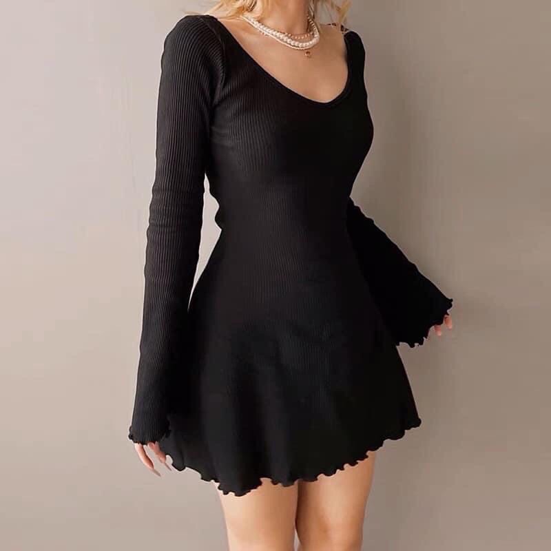 Đầm len body sexy tay dài loe cuộn biên có size NTDreess váy ôm eo 2 màu dáng ngắn dự tiệc đi chơi sang chảnh
