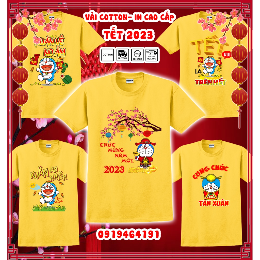 Áo thun doraemon tết quý mão 2023 màu vàng, áo thun tết con mèo doraemon, vải dày mịn mát, in cao cấp - Có size trẻ em
