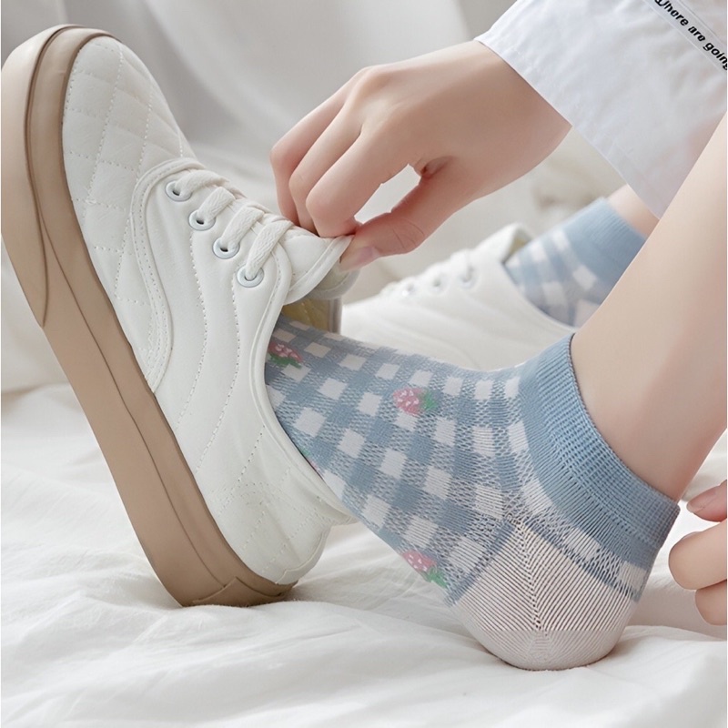 Set 5 đôi tất dâu xanh nữ,  vớ trắng xanh cotton thấm hút tốt