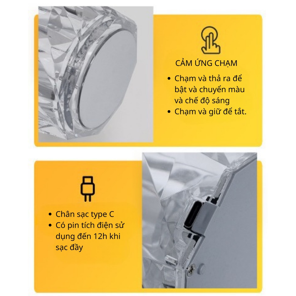 Đèn pha lê cảm ứng RGB 16 màu có pin tích điện, phù hợp làm đèn ngủ, trang trí phòng khách, quà tặng sinh nhật
