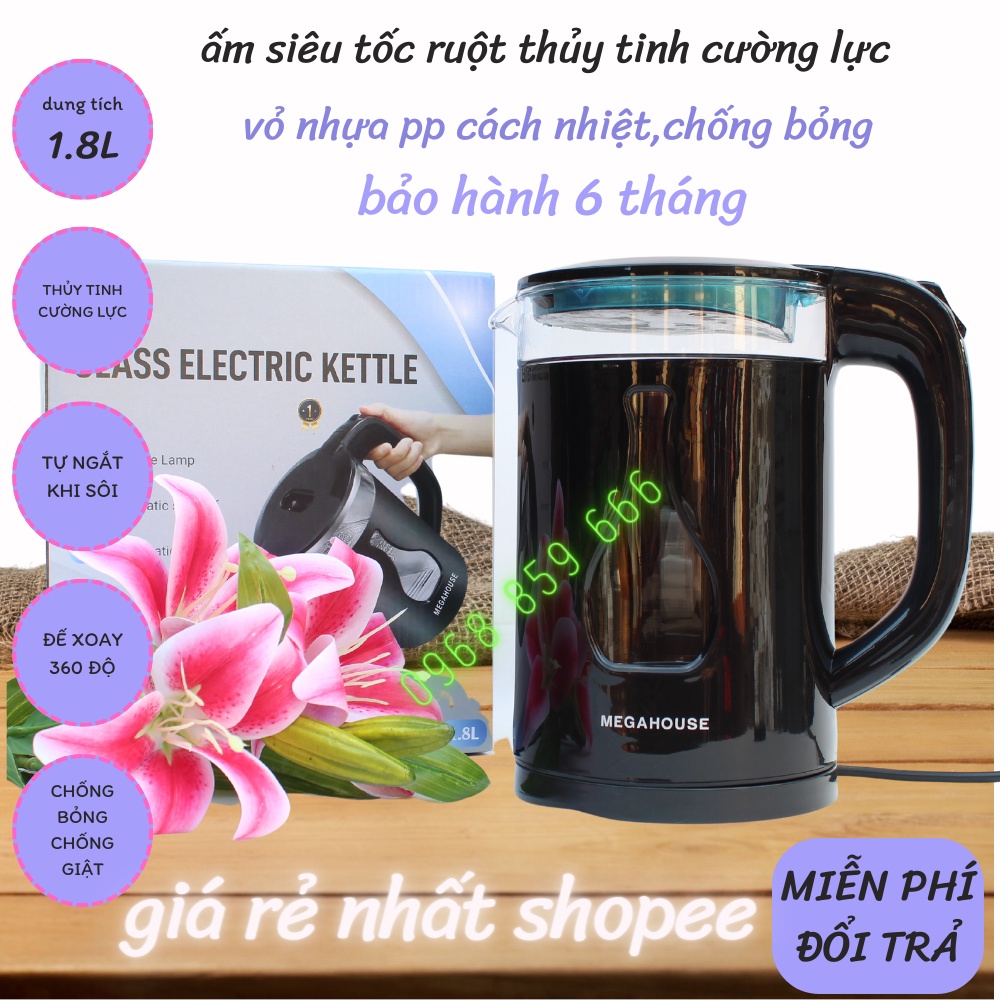 Ấm siêu tốc thủy tinh - Bình đun siêu tốc MEGA HOUSE 1.8 lít MG-167 ( ấm MG-167 )