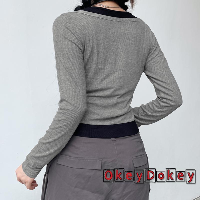 Áo Thun Tay Dài Hở Vai Phối Nút Thời Trang Đường Phố Cho Nữ Y2K