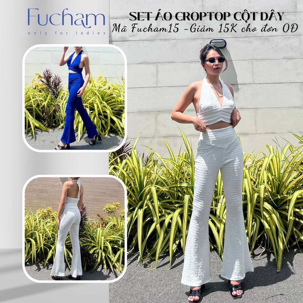 Set Áo Croptop Cột Dây Sexy, Bộ Áo Croptop Chữ V Cổ Yếm Kèm Quần Ống Loe Đi Biển Dạo Phố Sang Trọng - FUCHAM