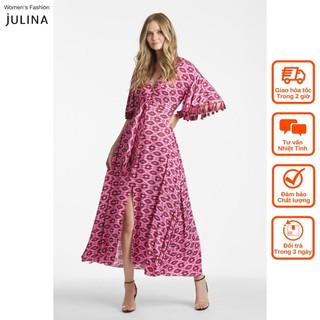Đầm maxi xẻ tà vải lụa in họa tiết màu hồng tím sang trọng dự tiệc SachinandBabi jf530