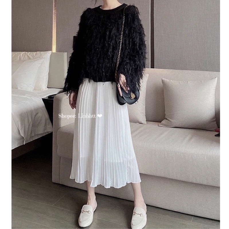 Pass/ thanh lý chân váy voan xếp ly đen trắng
