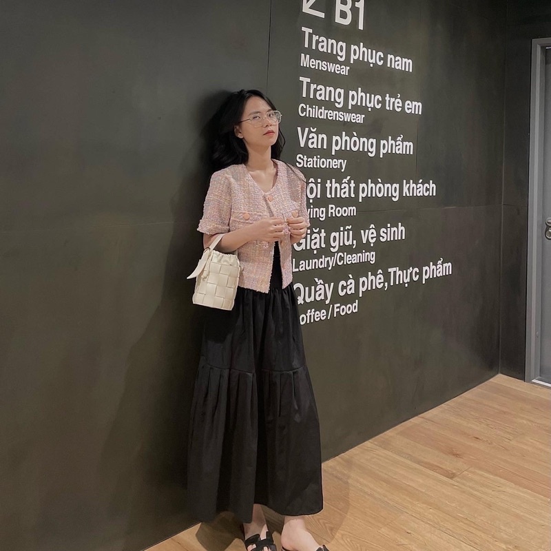 Áo dạ tweed hồng ngắn tay Sucrebyhg
