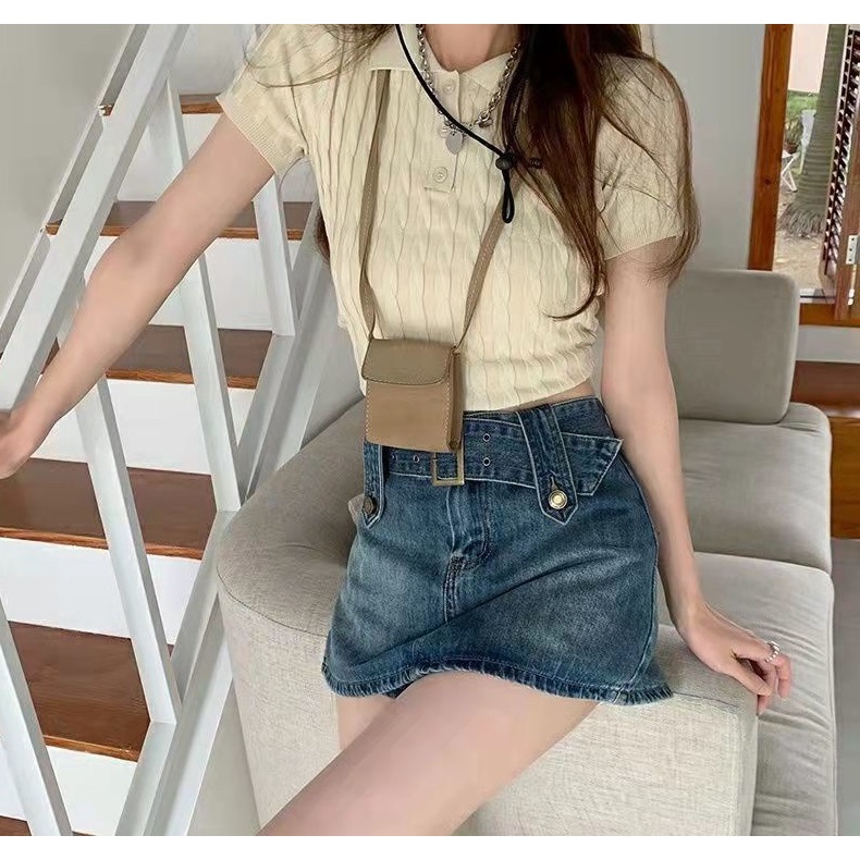 Chân váy jeans có quần CV005 Đầm bò dáng chữ A lưng cao kèm đai thắt lưng điệu đà sang chảnh