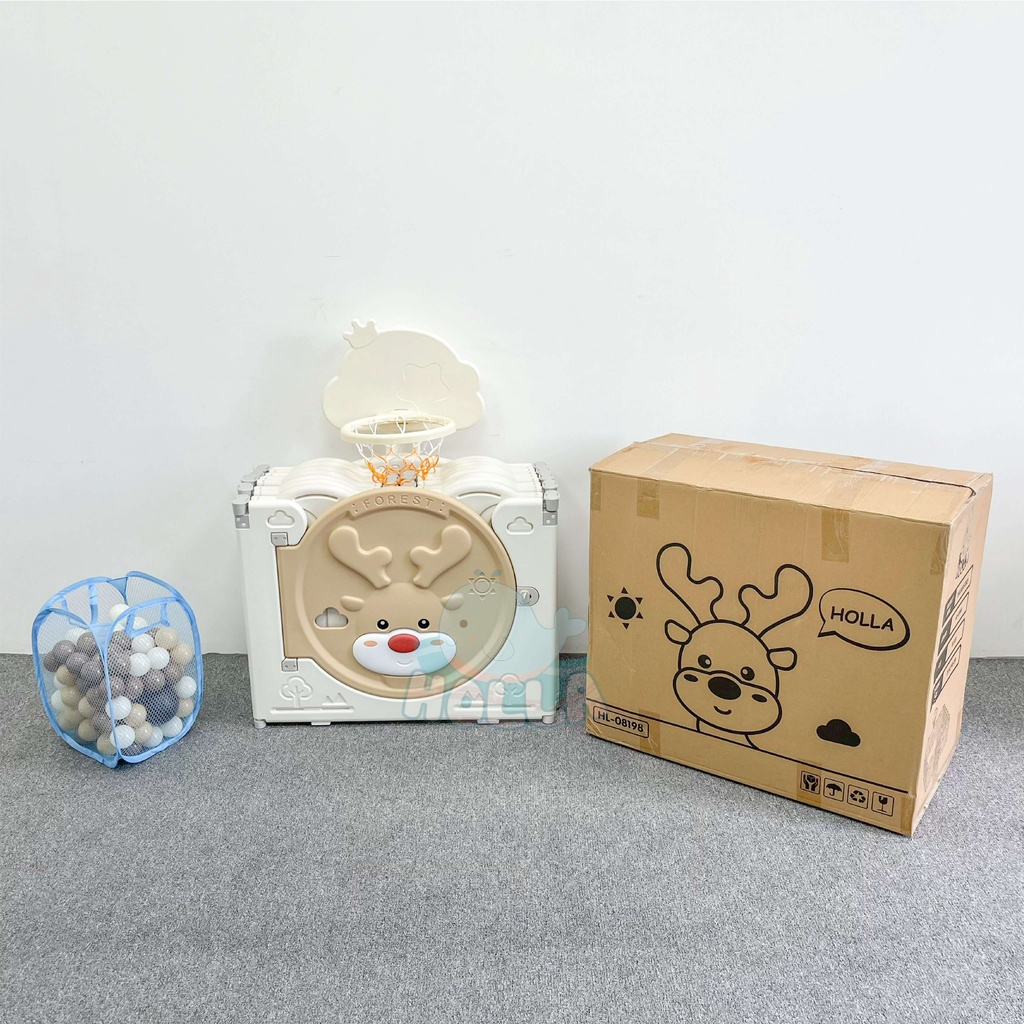Quây Cũi Nhựa Tuần Lộc - Gấu Chính Hãng HOLLA Kèm Trò Chơi Bóng Rổ, Thảm Chống Trượt Và Bóng Cho Bé, Quây Nhựa Gấp Gọn