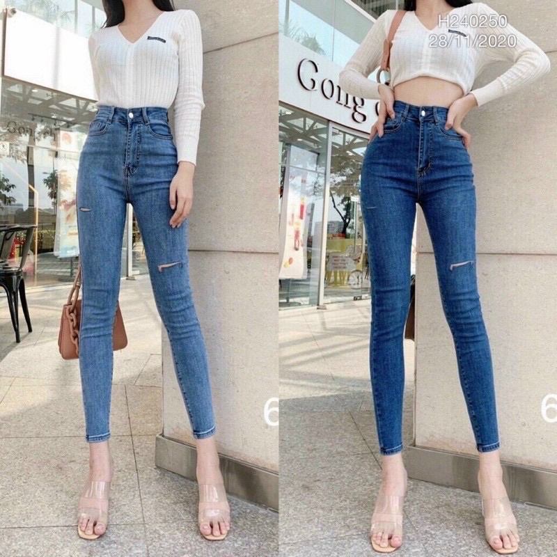 Quần jeans loang dài giãn trơn cắt rách gối, quần bò co giãn dáng ôm