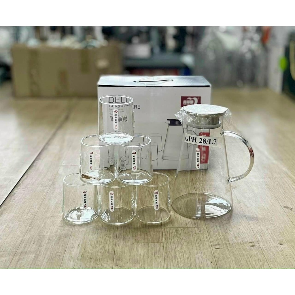 Bộ bình thuỷ tinh DELI chính hãng tặng kèm 6 ly cỡ lớn chịu nhiệt cực tốt