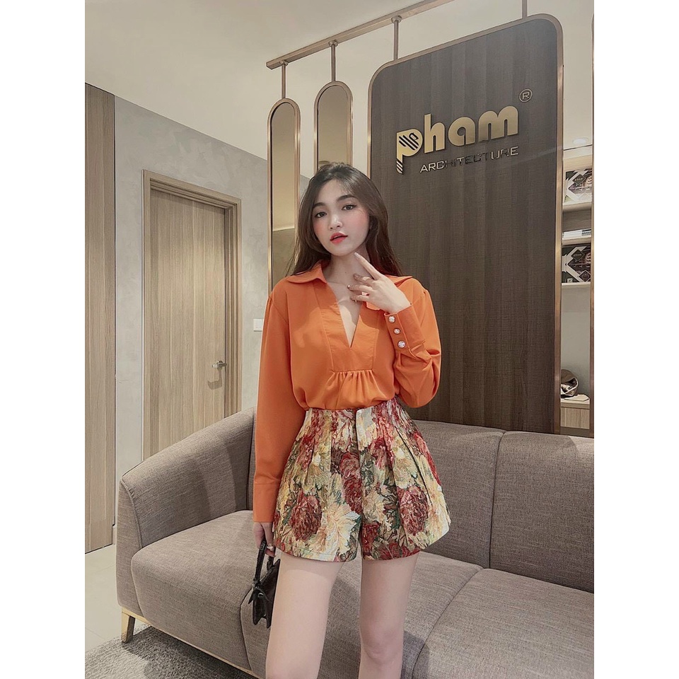 [11.11 Sale Freeship] Set bộ tiểu thư nữ,chất đũi áo dài tay cổ V kèm quần đùi họa tiết có túi đi chơi dạo phố xinh xắn