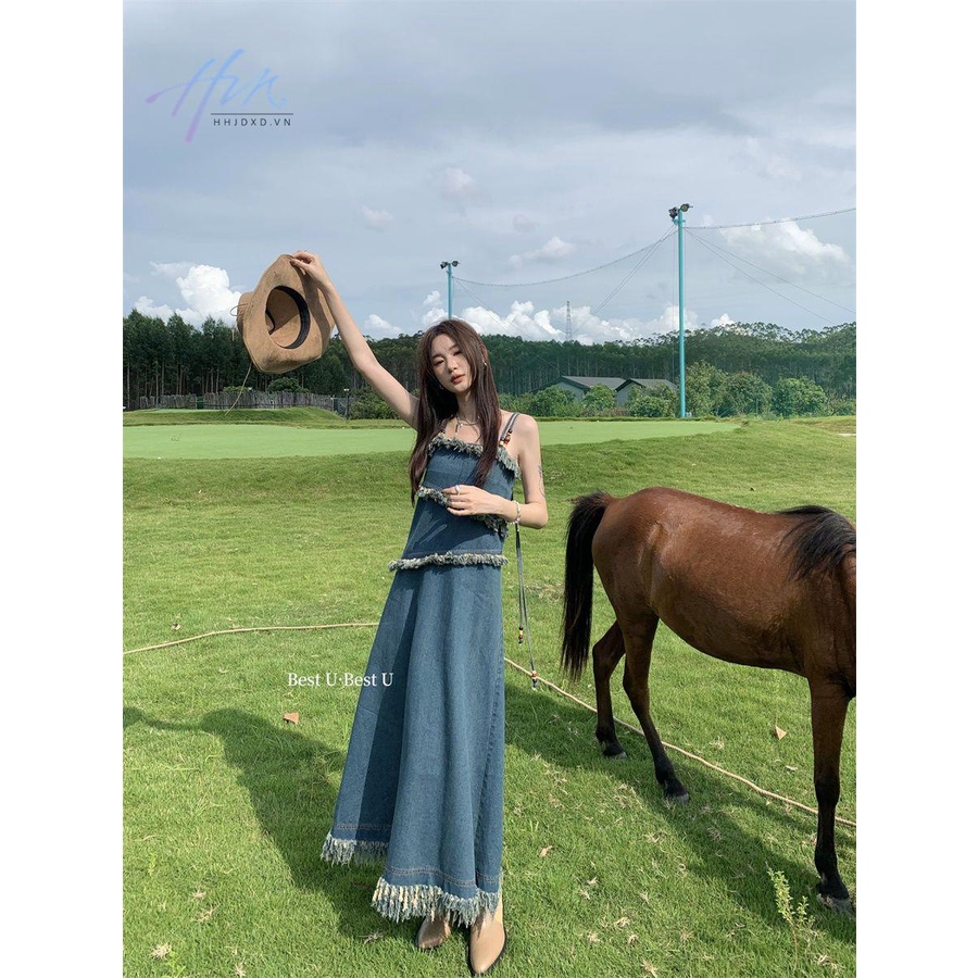 Đầm Denim Hai Dây Dáng Dài Phối Hạt Và Tua Rua Phong Cách Cổ Điển Thời Trang Mùa Thu Mới 2022 Dành Cho Bạn