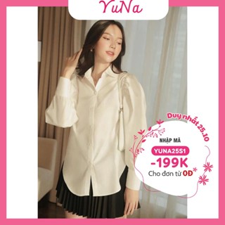 Áo sơ mi nữ YUNA tay phồng vạt bầu màu trắng thanh lịch  đi học đi làm cực xinh dễ mix đồ ,thời trang nữ YUNA