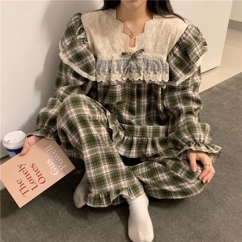 BN31_ bộ đồ ngủ pijama, bộ mặc nhà đôi kẻ caro phối ren tiểu thư công chúa phong cách ulzzang Hàn Quốc