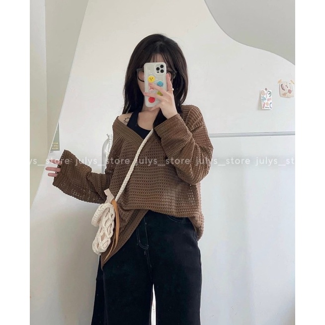 Áo len lưới mix cổ yếm giả set, len fom rộng over size cá tính