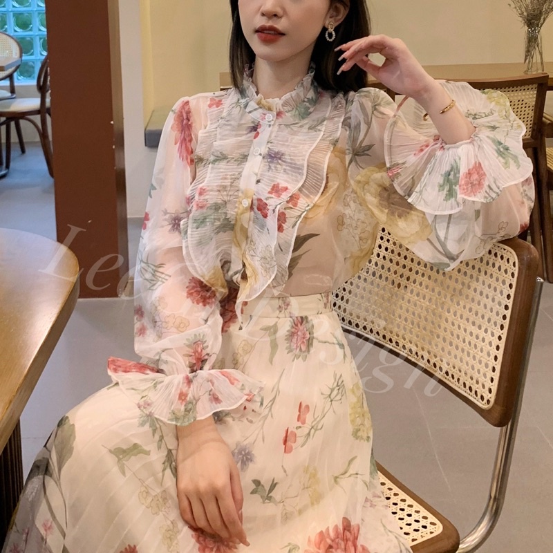 Set áo sơmi hoa bèo ngực + chân váy